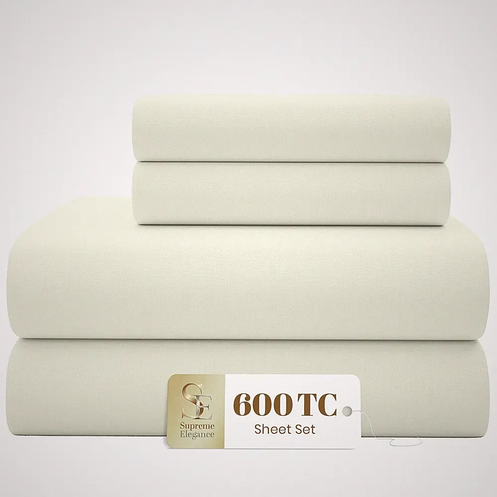 600 Thread Count King Bed Sheets Fresh Ivory, Cotton Rich Sateen Weave Easy C...