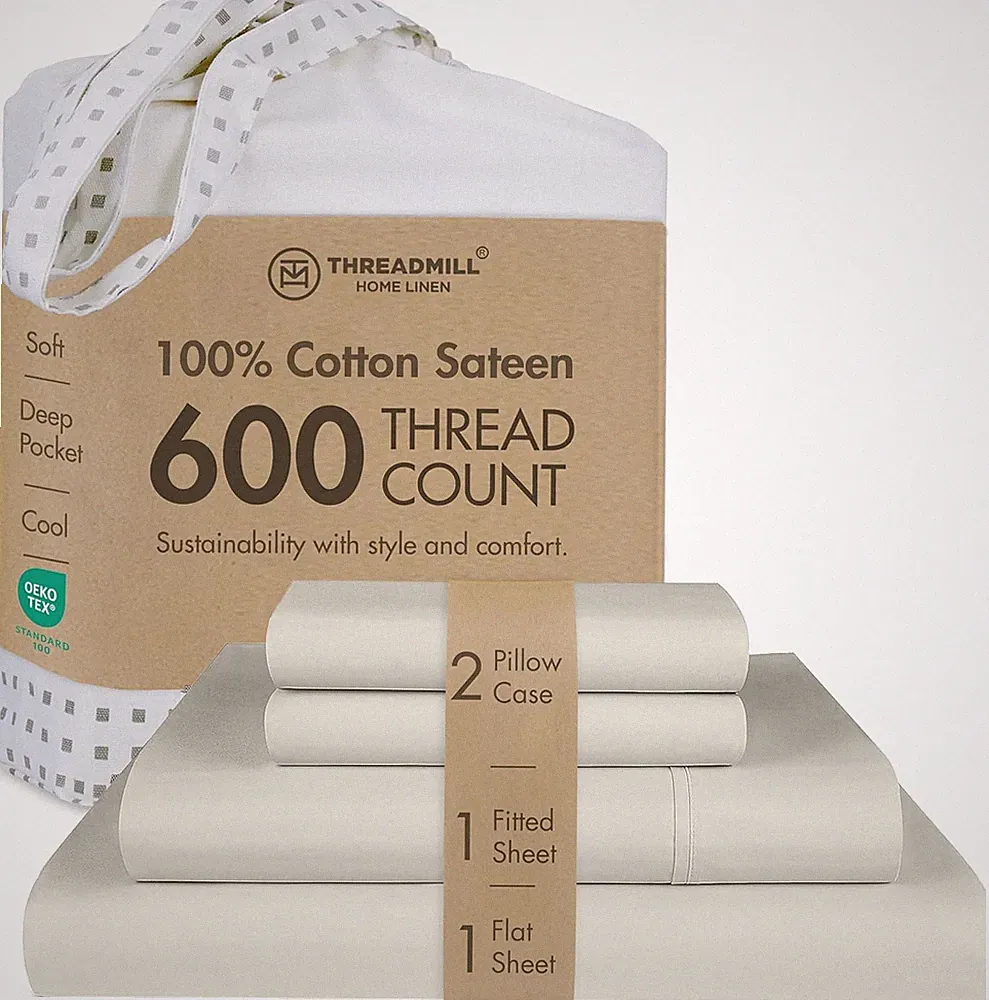 600 Thread Count King Size Sheets Set - Cooling Sateen 4-Piece Taupe Bedding