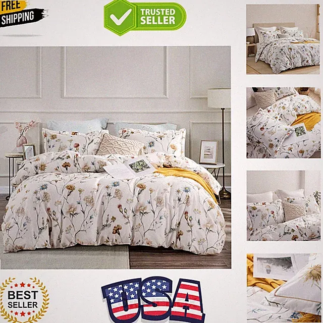 Comforter King Size, 600 Thread Count Cotton White Printed with Blue & Blush...