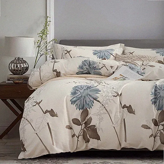 Comforter Queen Size 600 Thread Count Cotton Brown Branches & Blue Flowers