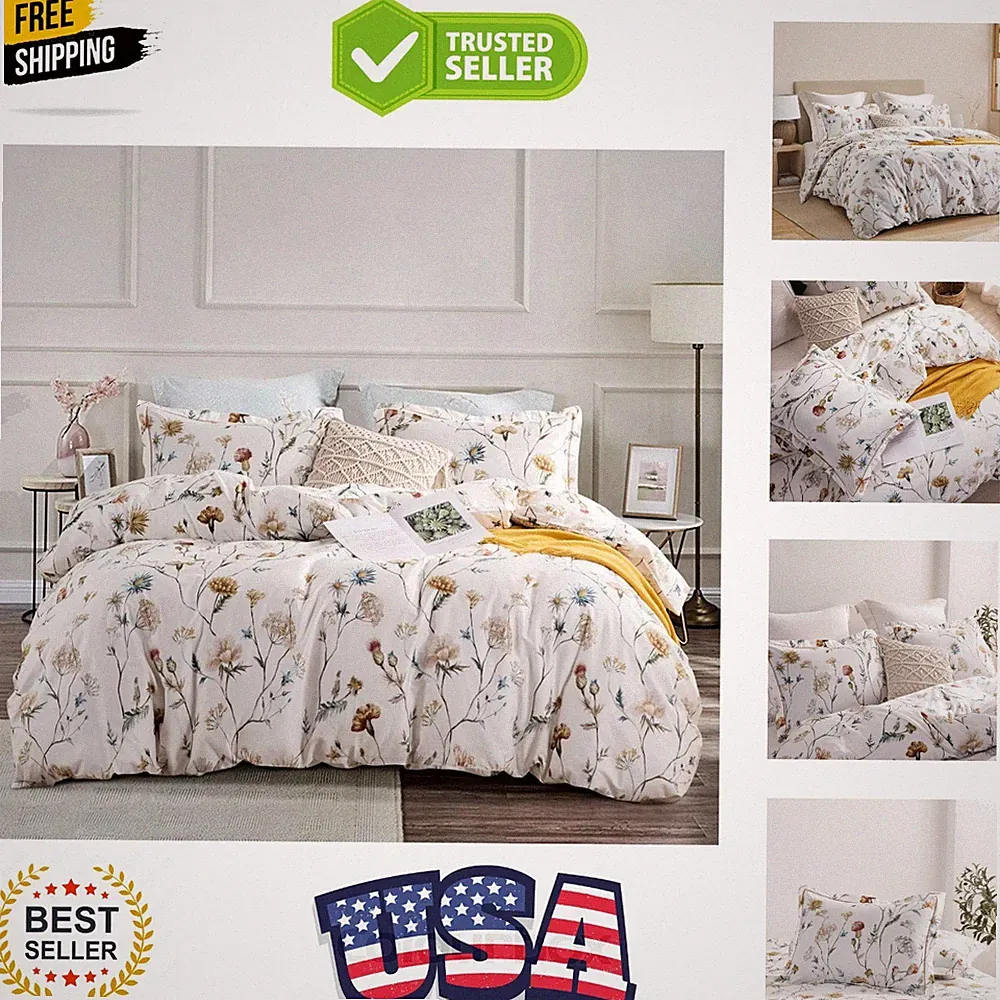 Comforter Queen Size, 600 Thread Count Cotton White Printed with Blue & Blush...