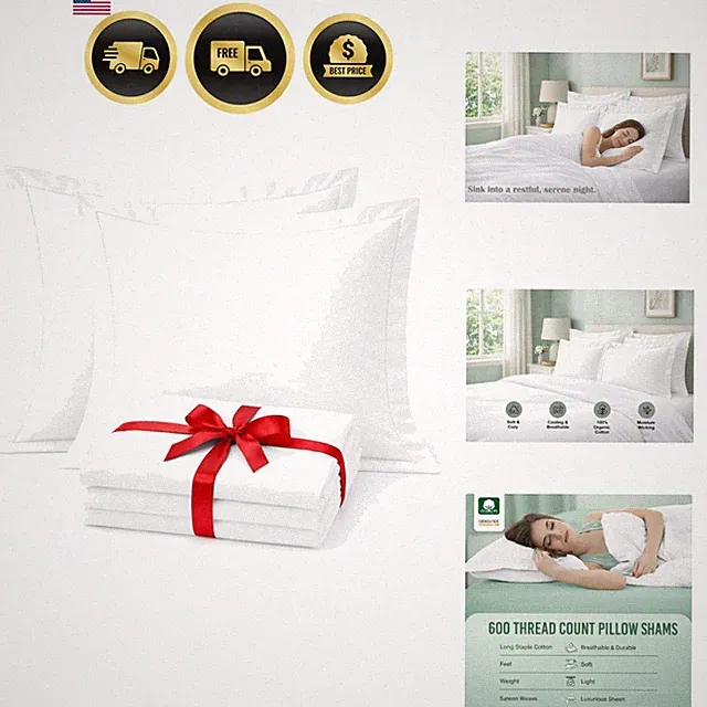 Euro Pillow Shams Set of 2 – European Size 28x28, 600 Thread Count 100% Natur...